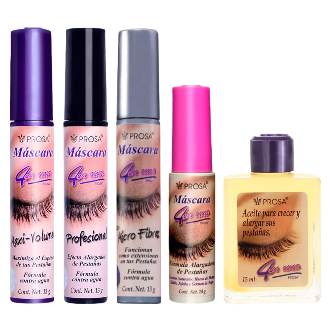 Viral! Prsa Mascara (Maxi Volumen + Profesional + Microfibras + Pink) + Oil Set of 5 Piece Bundle - Waterproof Makeup - Alargadora + Volumen + Efecto Extensiones + Aceite Pestanas