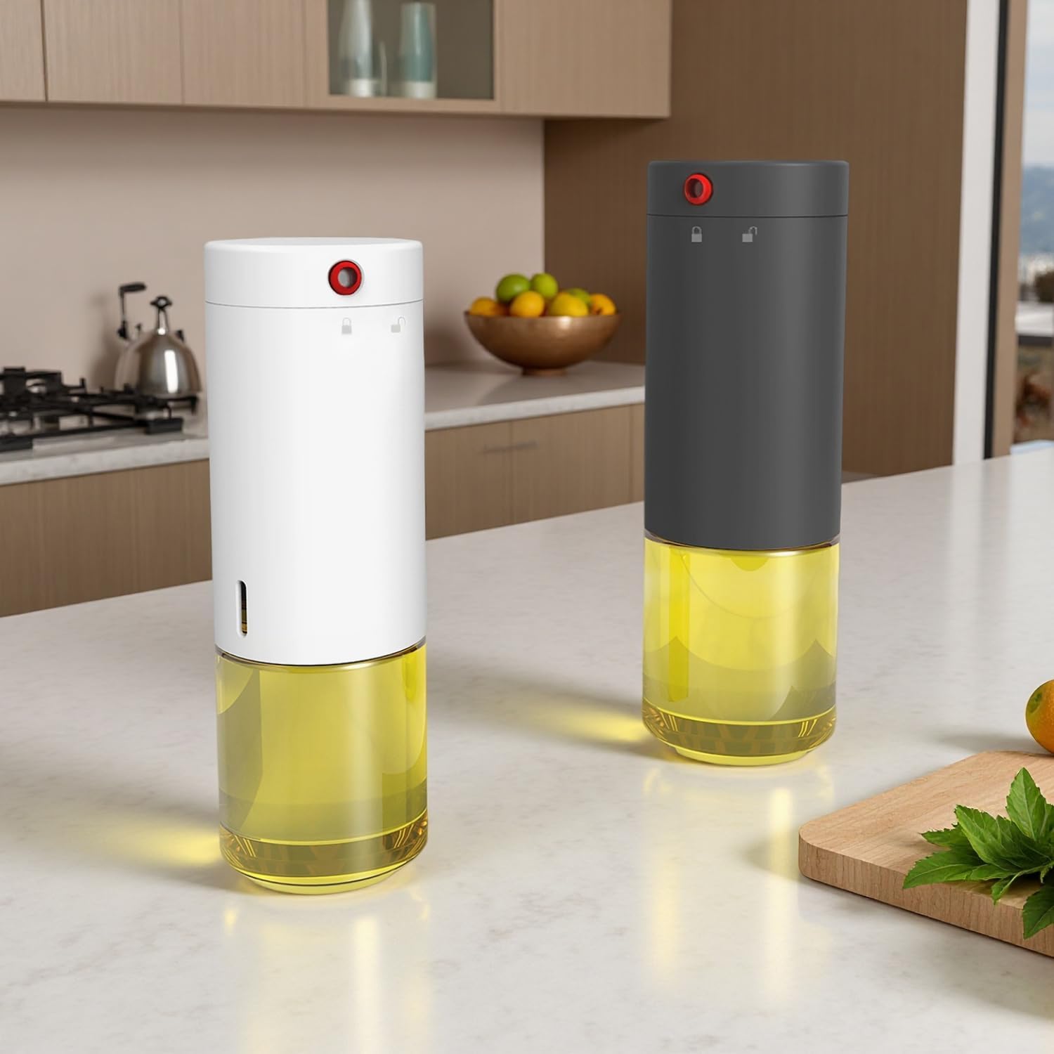 Glass Oil Dispenser Bottle Set - 2 Pack 280ml/9.5oz - Reusable Kitchen Oil Dispenser for Olive Oil, Vinegar & Salad Dressing, with Flow Control (White&Gray)