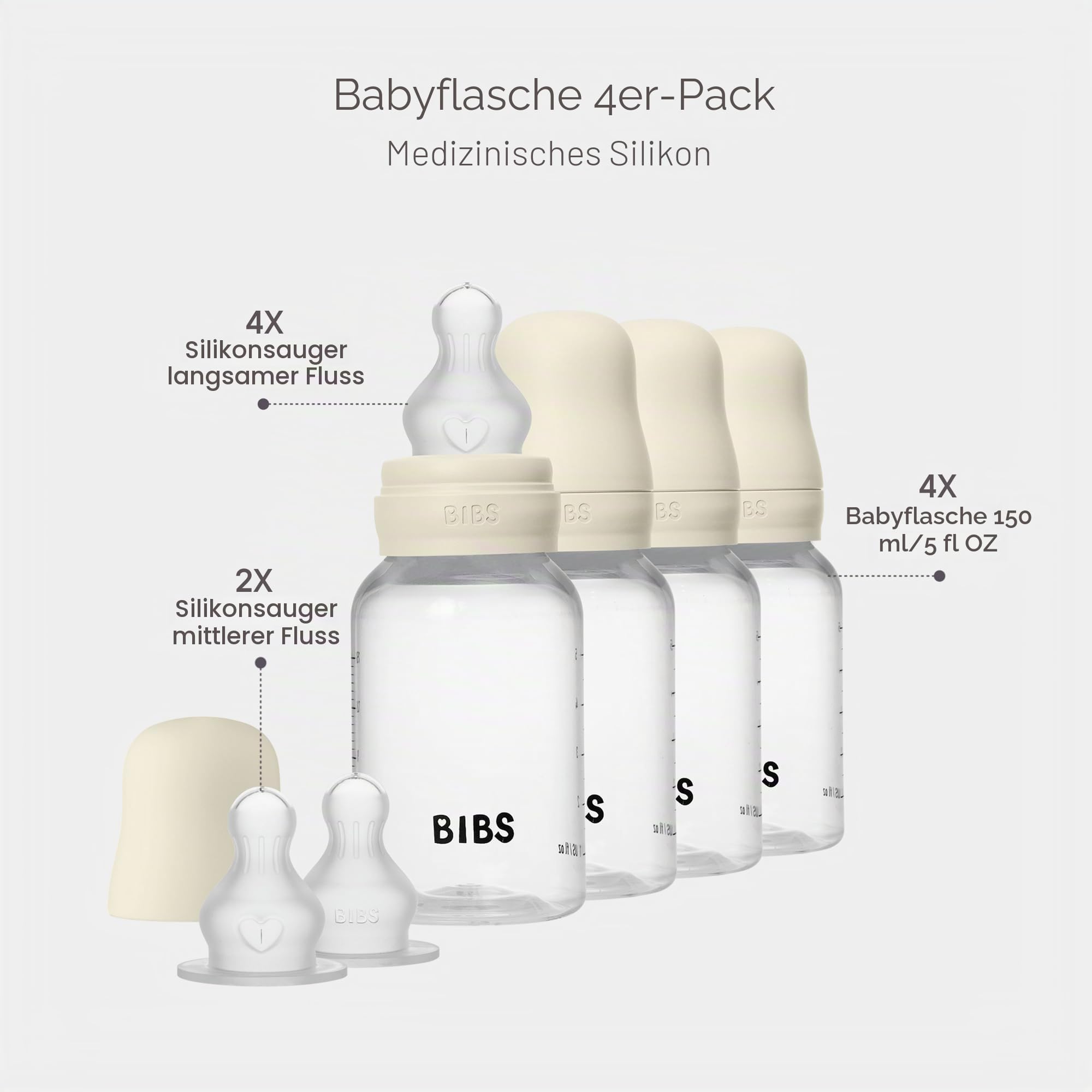 BIBS Babyflasche aus Kunststoff, 150 ml, 4-pack, Silikon-Sauger, Ivory