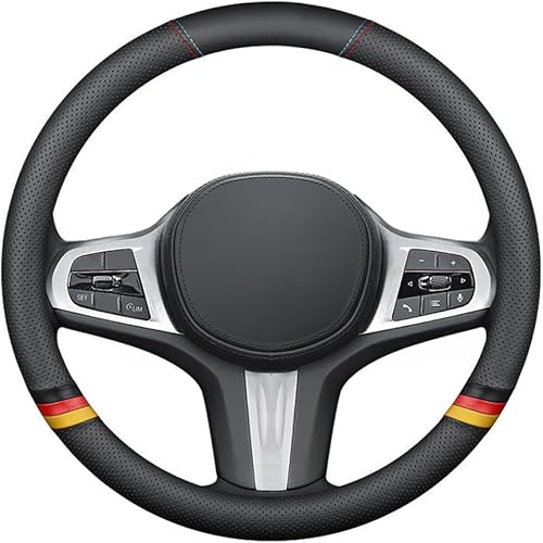 Miniatura 3 de Funda de piel napa para volante de automóvil, cómoda, antideslizante, estilo deportivo, universal, 15 pulgadas, color negro y amarillo