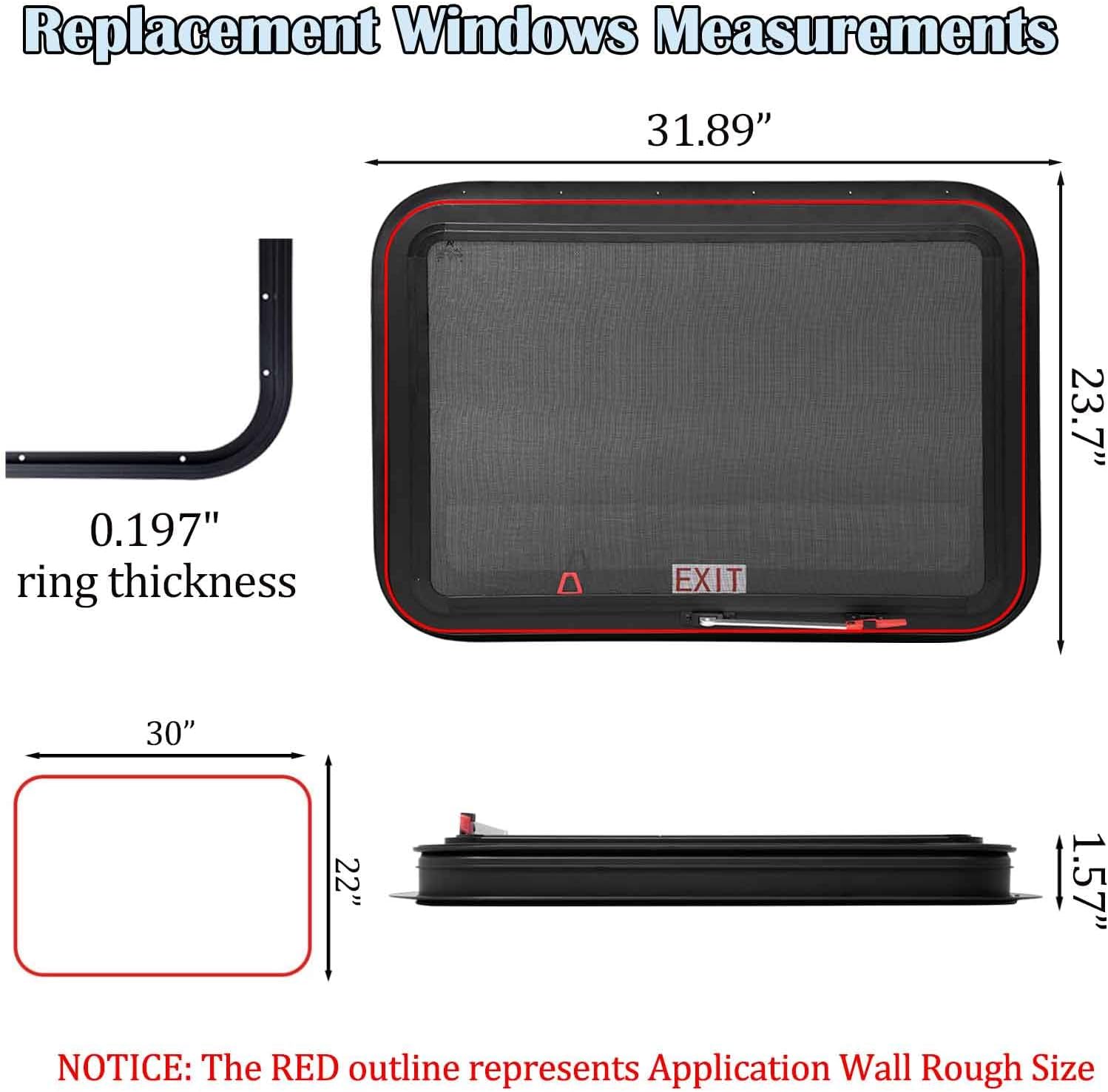 30" W x 22" H RV Exit Window Replacement with Fine Mesh Screen Trim Ring and Tempered Dark Glass, RV Emergency Lock Window for Cargo Trailer Van Fit 1" or 1-1/2" Thick Wall, DOT Certified