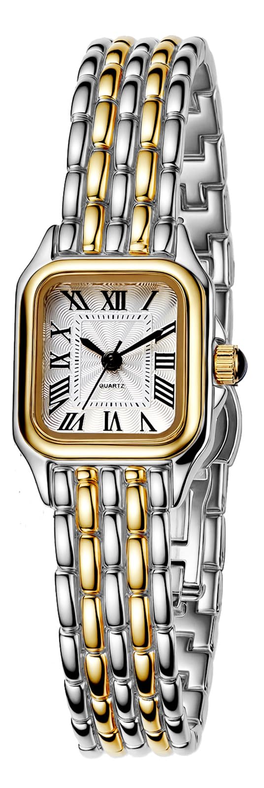 BESTKANG Reloj de pulsera para mujer, clásico, cuadrado, clásico, de lujo, con números romanos, esfera dorada y plateada, correa de acero inoxidable de dos tonos, elegante, para mujer