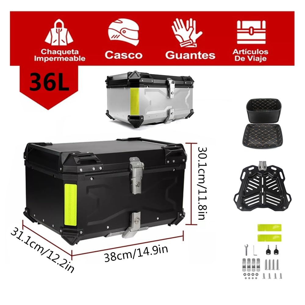 Aluminium Top Case Moto Coffre De Moto Étanche Valise pour Moto 36L 45L 55L 65L 80L 100L avec Doublure IntéRieure Et Plaque InféRieure À DéGagement Rapide(Silver,65L)