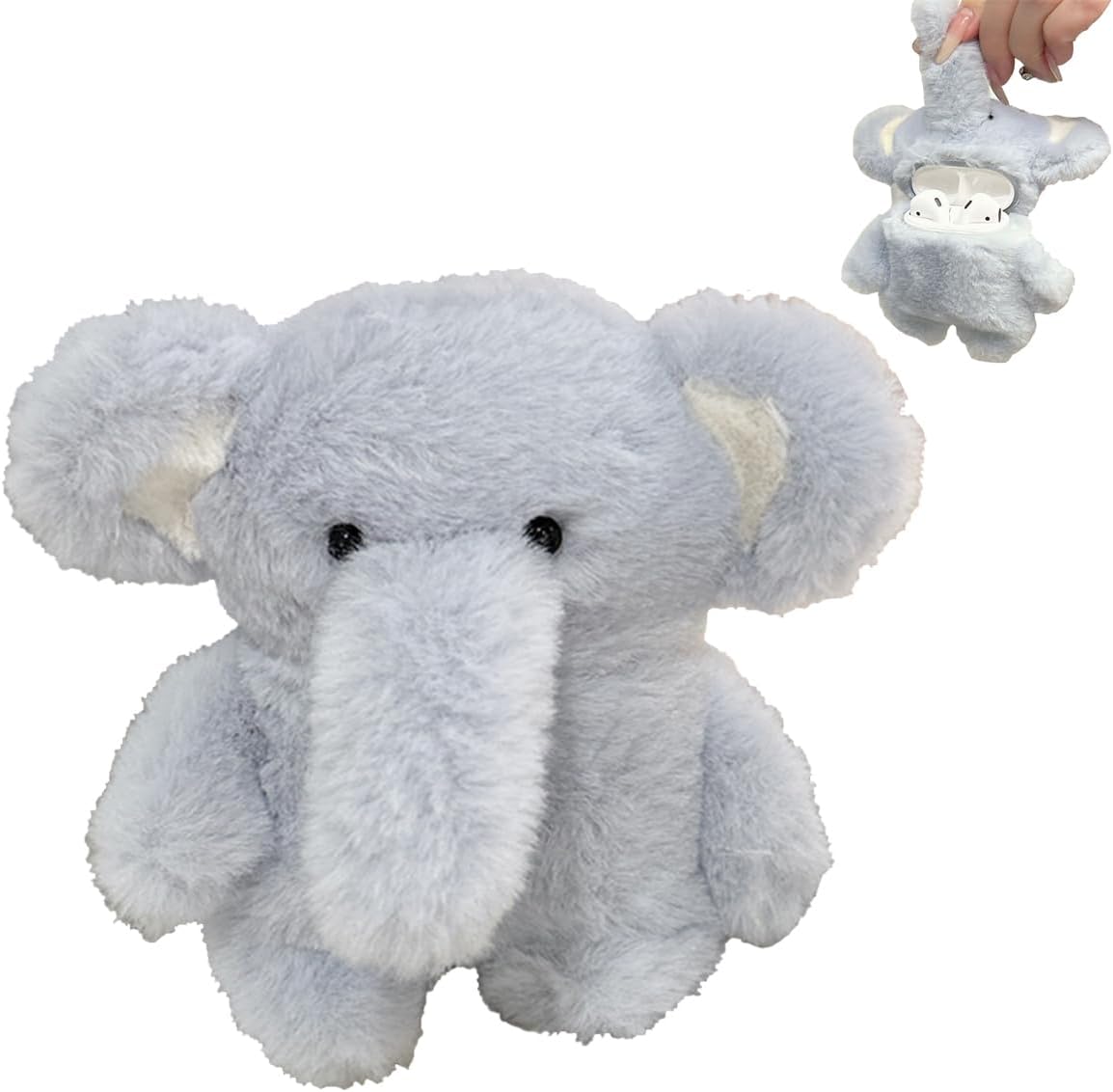 Fluffy Furry Case Compatible with Airpods Pro, 3D Cute Cartoon Elephant Plush Case Earphone Protective Cover, Soft Silicone Inner Shell Faux Fur Shockproof Carrying Cover for Airpods Pro