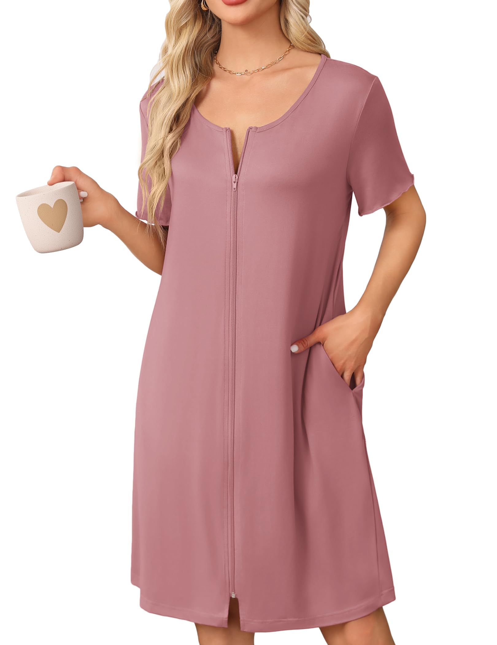 Ekouaer Womens' Zipper Robe Short Sleeve Bathrobes Summer Sleepwear Soft Housecoat with Pockets Zip Up House Robes S-3XL