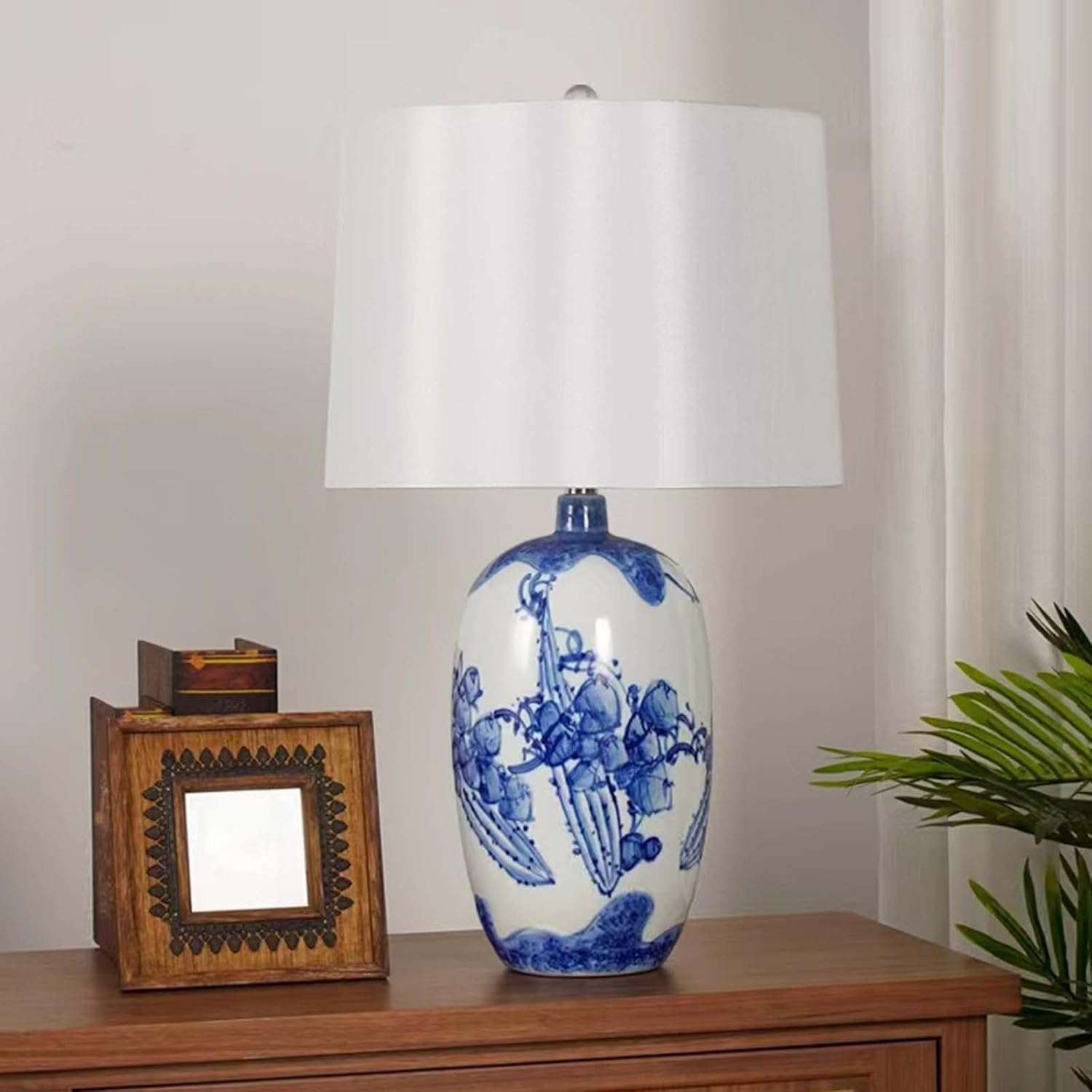 Lampada da tavolo moderna in ceramica, dipinta a mano, stile rurale con paralume in tessuto bianco sporco, comodino classico
