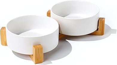 Double Ceramic Dog Cat Bowl Dog Bowl Cat Bowl 13cm Bowl with Bamboo Stand Dishwasher Safe for Large Small Dogs and Cats (White)