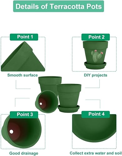 Miniatura 3 de vensovo Maceta de arcilla verde de 6 pulgadas con platillo, paquete de 4 macetas medianas de terracota con orificio de drenaje, maceta con bandeja,