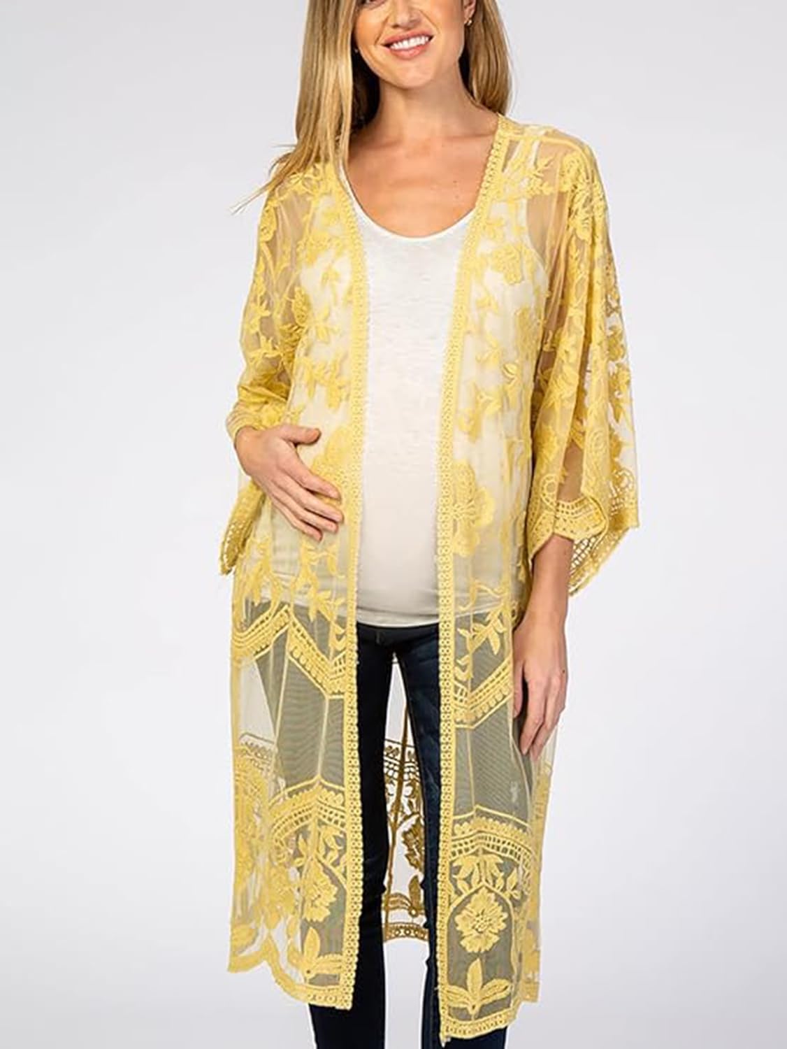 FaroDor Women's Long Flowy Lace Crochet Kimono Cardigan Boho Style Summer Beach Cover Ups Yellow - Image 3