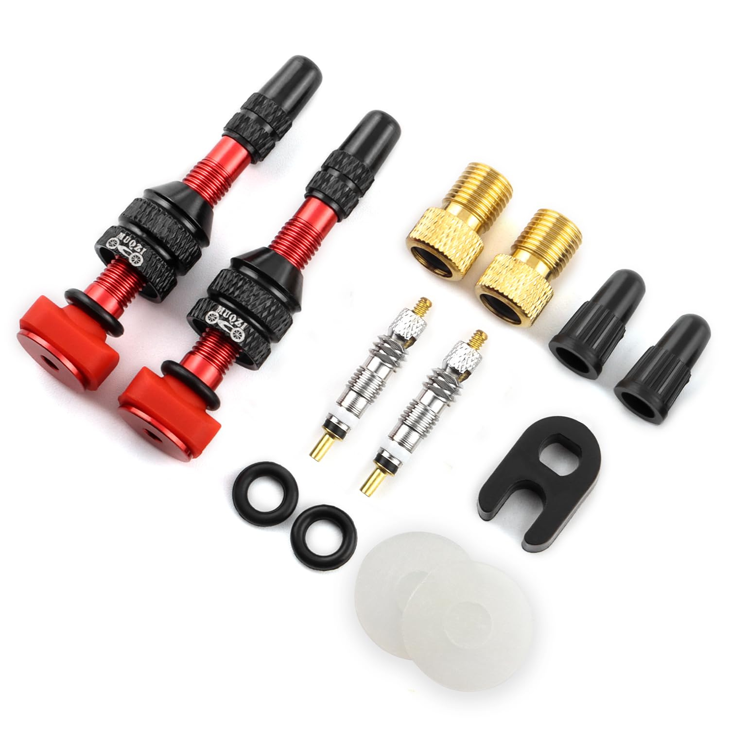 MUQZI Tubeless Presta Valve Stem Kits - No Leak Bike tubeless Valve Stems with Integrated Valve Core Remover Tool and Alloy Presta Valve Stem Caps for Bicycle, Red (40mm