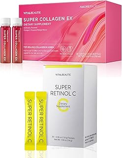 VITALBEAUTIE Super Collagen EX (Liquid Marine Collagen) 28 Servings Super Retinol C (Powder, Skincare Supplement) 30 Packets