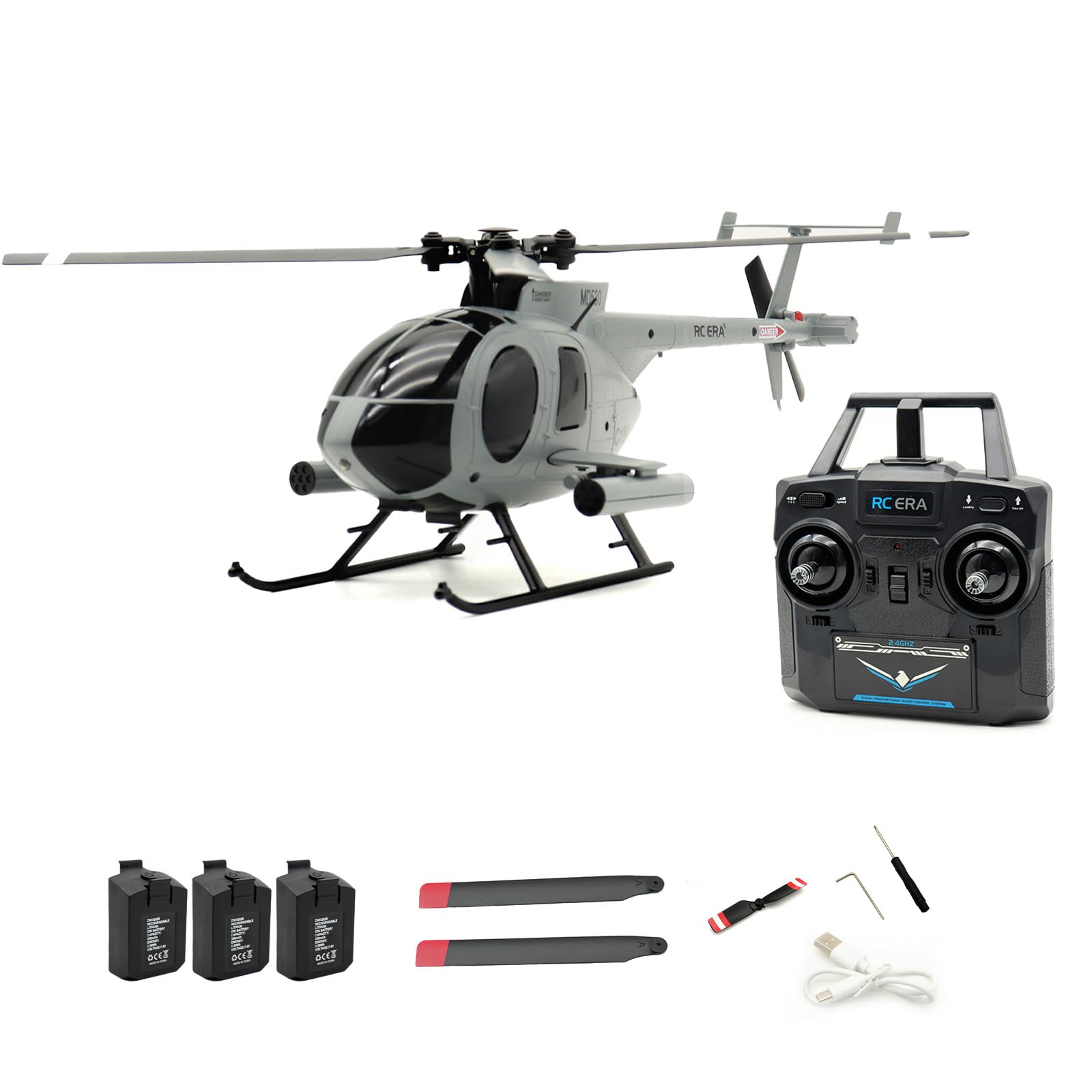 NULA RC-ERA C184 MD500 4CH RC Helicopter, 6-Axis Gyro Stabilized Flybarless Optical Flow Remote Control Helicopter RC Aircraft Outdoor For Adults & Beginners -Grey /3 Battery