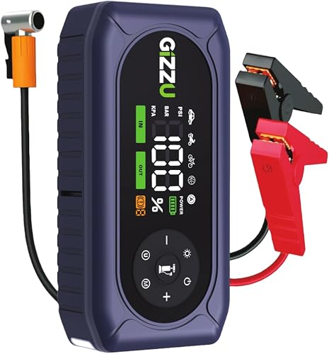 GIZZU 4-in-1 Jump Starter and Air Compressor, Green/Black