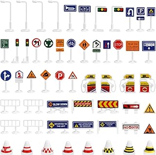 NUOBESTY 56Pcs Traffic Signs for Kids, Mini Road Signs and Traffic Light Toy Set, Educational Road Construction Toys for Train Table Accessories, Car Garage Playing, Learning