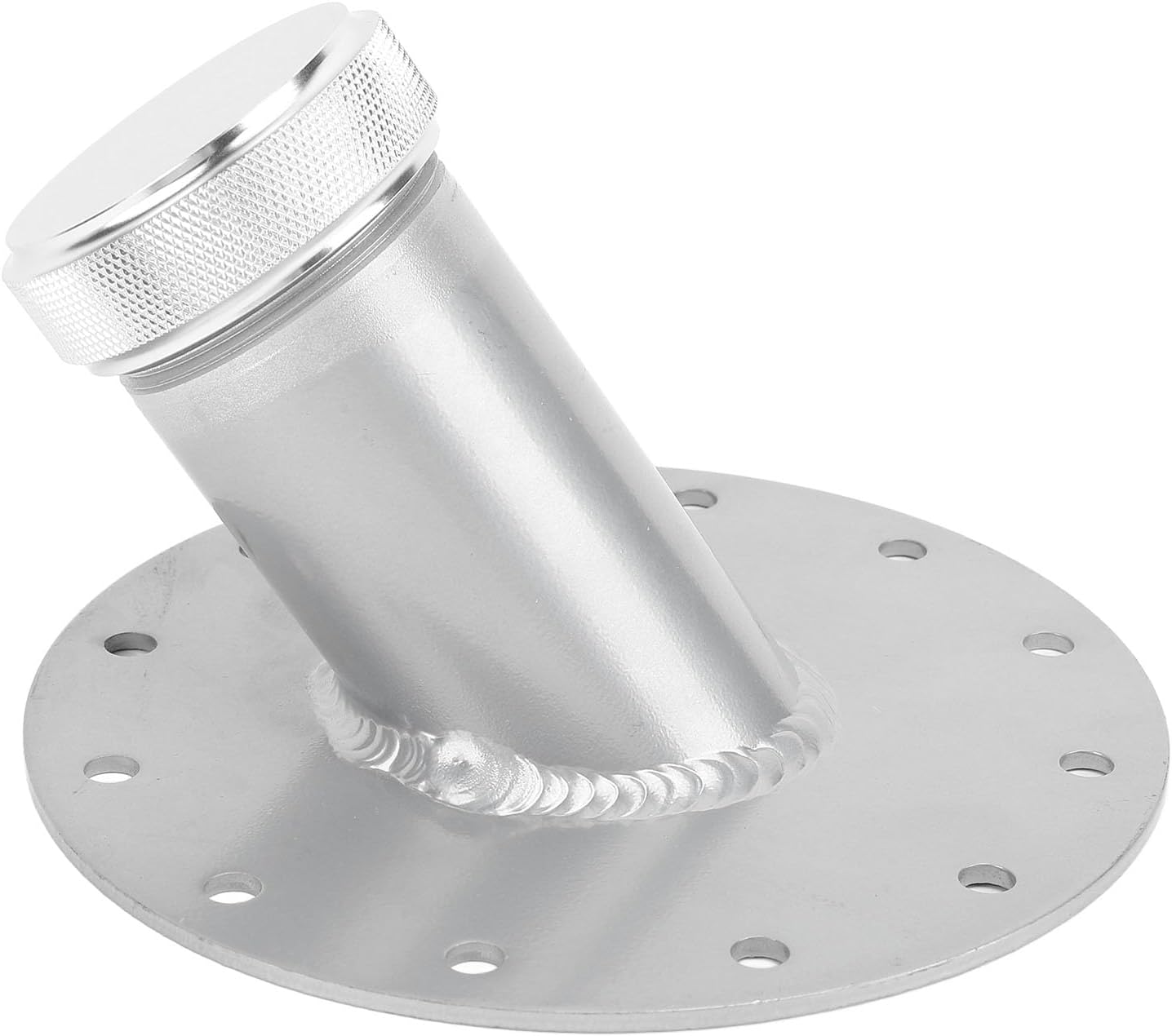 45 Degree Fuel Cell Filler Neck with Aluminum Cap and 12 Bolt Steel Base, 1.5in Inner Diameter for Fast and Easy Refueling, Rustproof (Silver)
