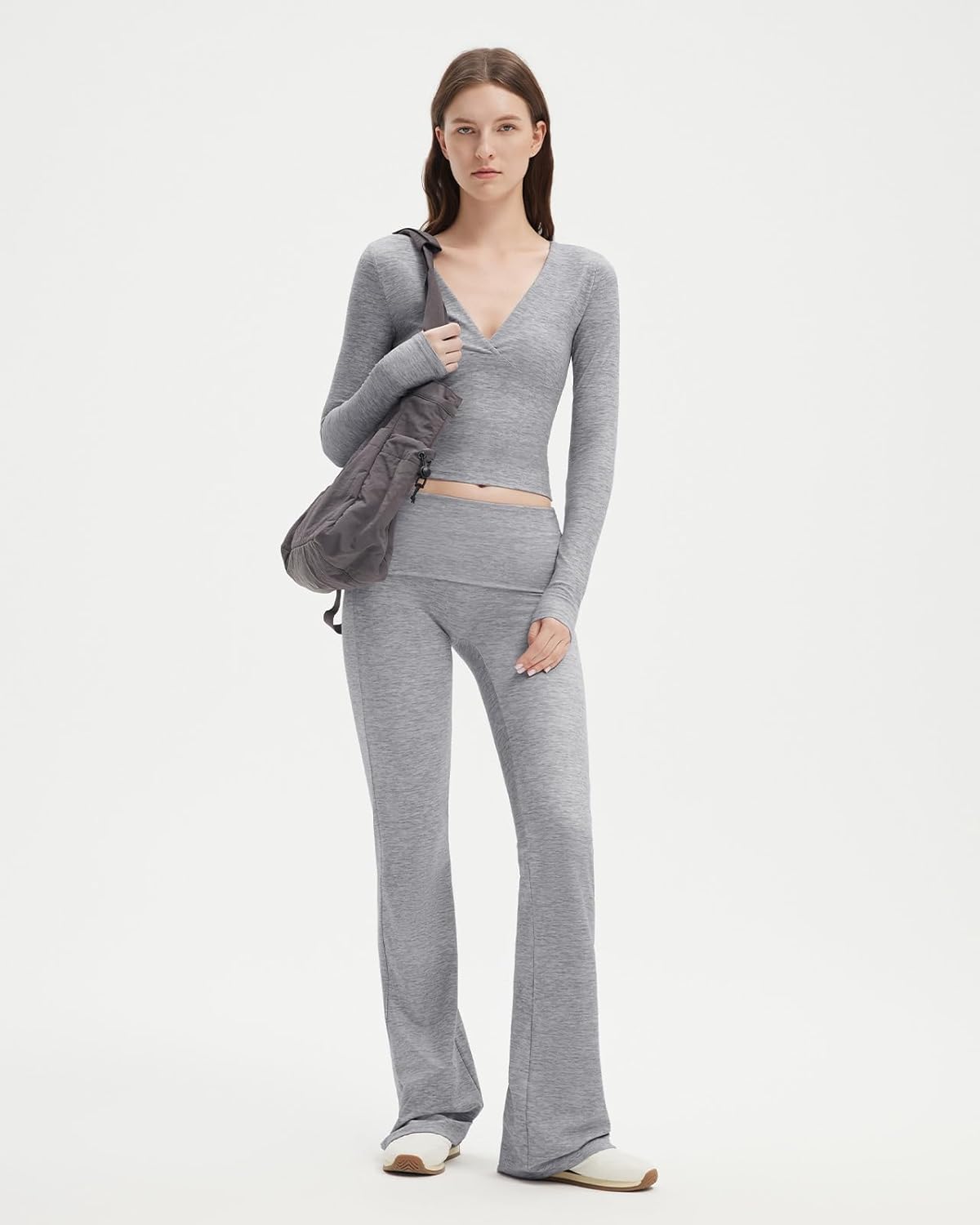 SUUKSESS Women 2 pieces Lounge Sets Long Sleeve V Neck Tops Fold Over Flare Leggings - Image 6