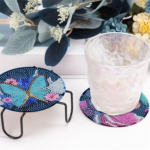 Miniatura 4 de SOEWIOU 10 posavasos de pintura de diamante de mariposa con soporte, kits de pintura de diamantes de flores para principiantes, adultos y niños,