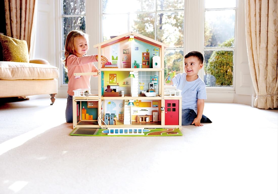Hape Puppen-Villa Holz-Puppenhaus mit 10 Zimmern, kreatives Rollenspiel, inklusive Möbel und Zubehör, pädagogisches Spielzeug, für Kinder ab 3 Jahren
