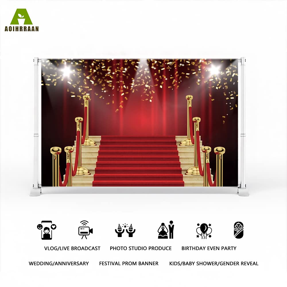 Aoihrraan 2,2x1,5m Red Carpet Stage Photography Backdrop Gold Sequins Stairs Curtain VIP Guest Catwalk Event Background Awards Ceremony Prom Party Grad Decoration Vlogger Portrait Photo Studio Props - Image 2