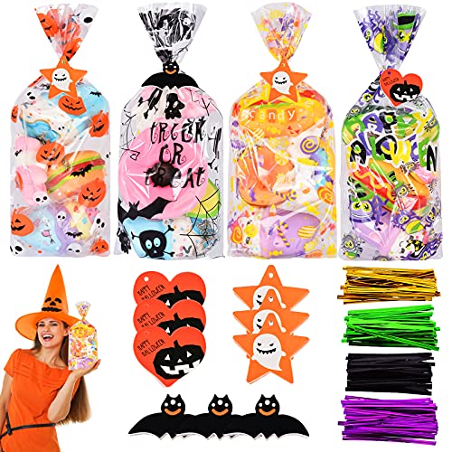 Souarts 120Pcs Halloween Cellophane Bags, Halloween Spider Bat Pumpkin Patterns Candy Gift Treat Bags Packing with Halloween Hangtags, Gift Packing for Halloween Party Favors Supplies 410Pcs Kits