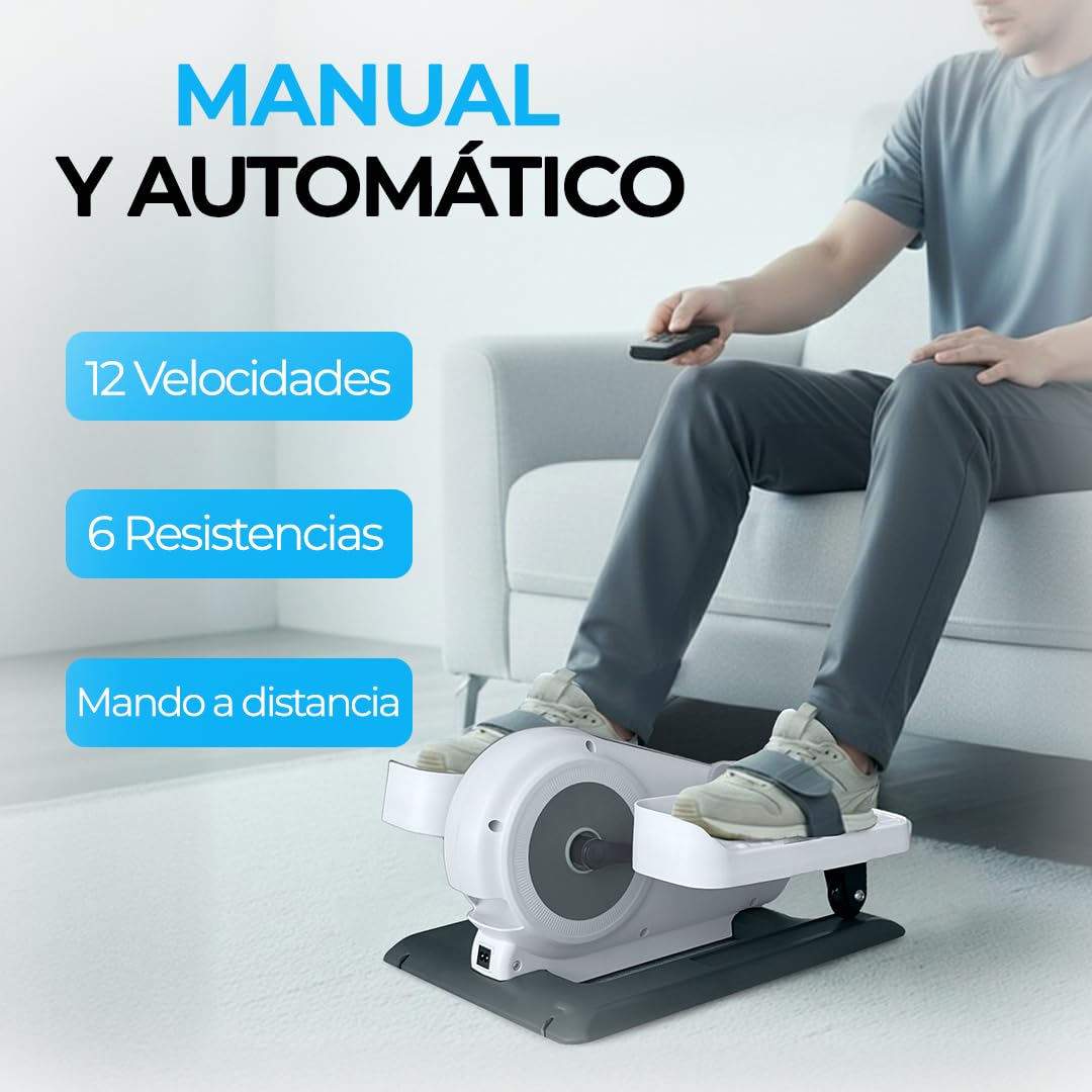 Pedaleador Eléctrico, Automático (12 Velocidades) y Manual (6 Resistencias), Mini Elíptica, Adelante/Atrás, Pedales Estáticos Ejercitador de Piernas para Personas Mayores/Ancianos y Oficina