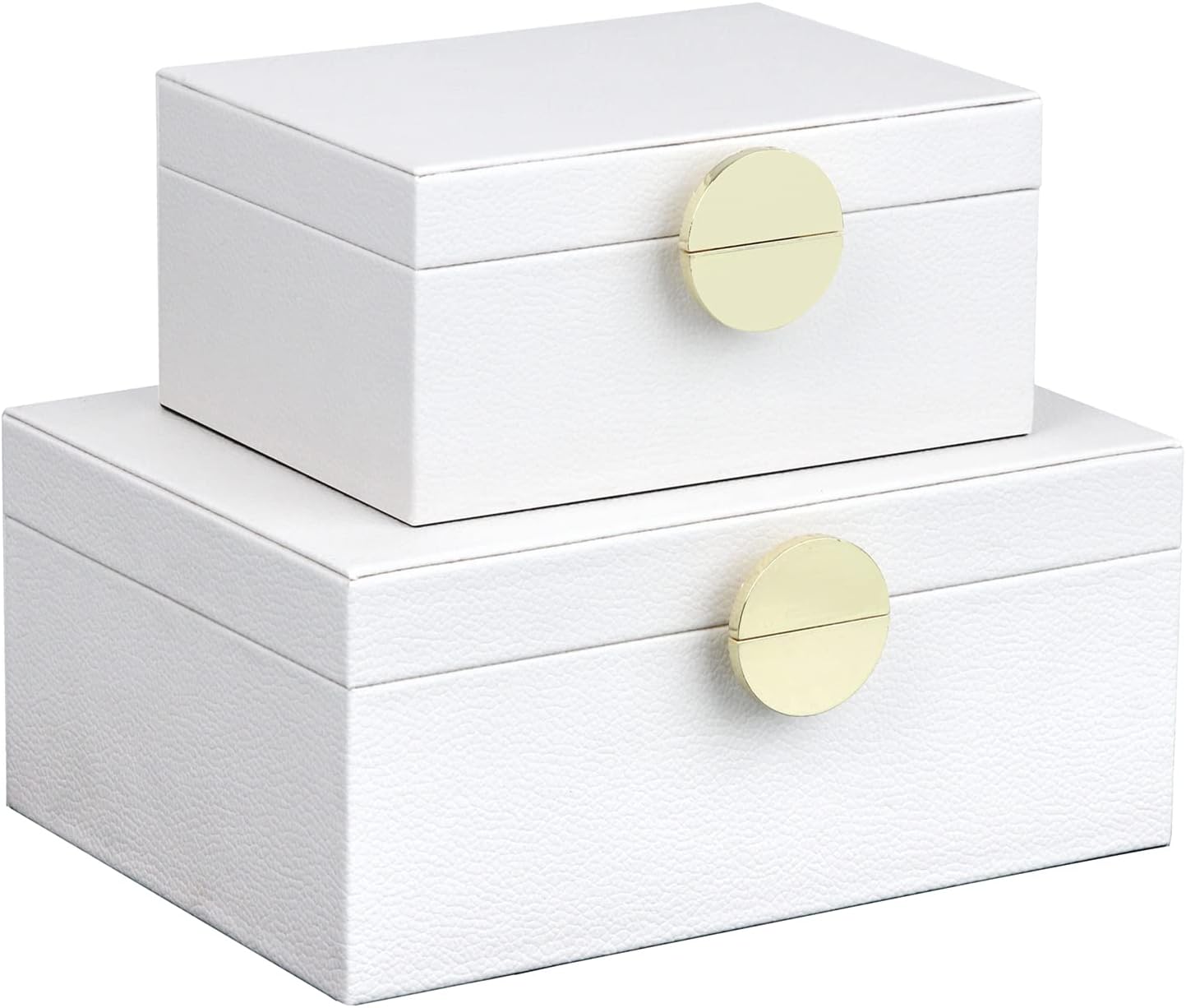 HofferRuffer Faux Leather Jewelry Boxes, Decorative Boxes Storage Accessory Organizer with Gold Hardware Decor, Classic Vegan Leather Set of 2 Pieces (White)