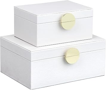 HofferRuffer Faux Leather Jewelry Box Decorative Box Storage Accessories Organizer Gold Hardware Decoration Classic Vegan Leather Set of 2 White