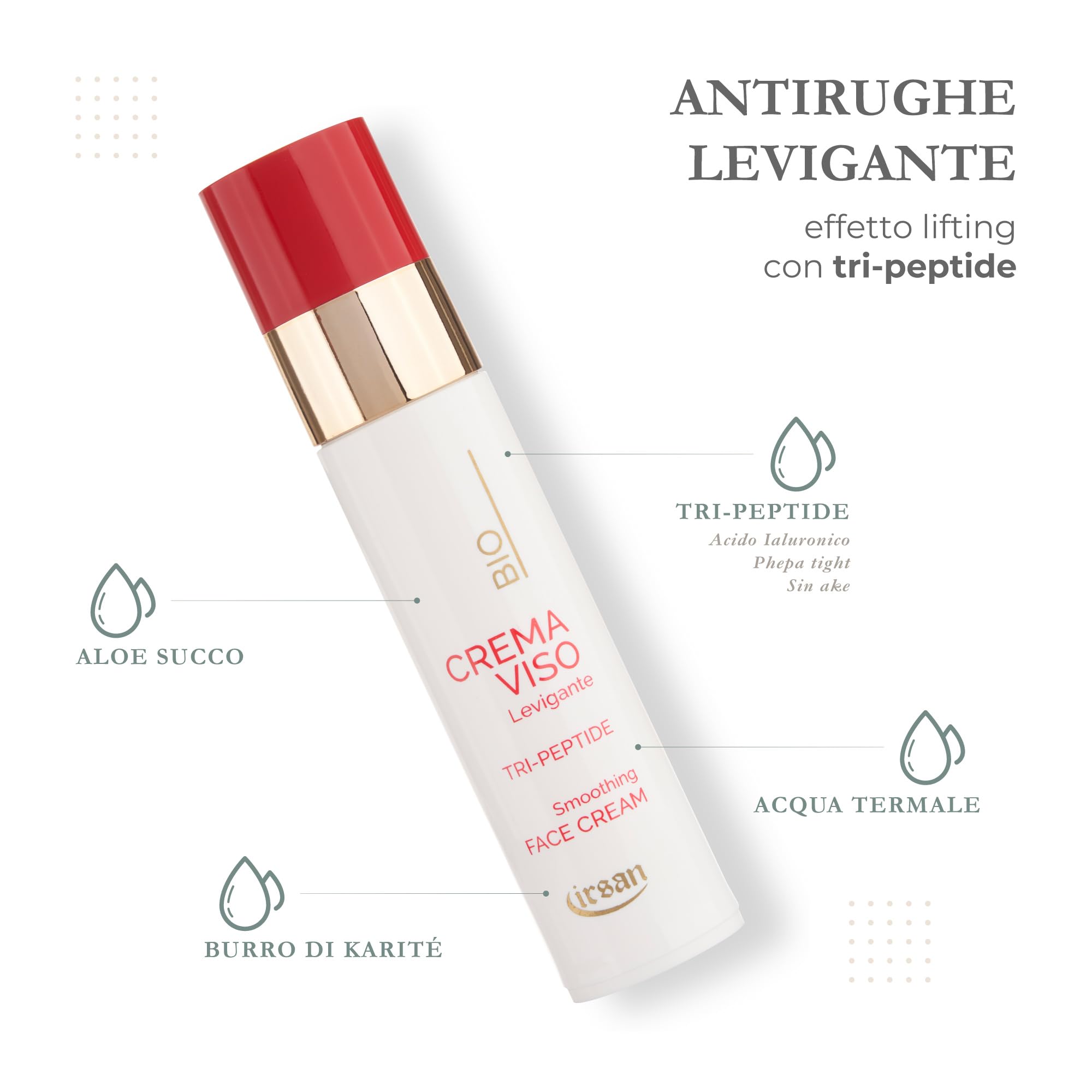 irsan Crema Viso Collo e Decolletè Levigante Antietà con Acqua termale, Tri-Peptide, Burro di Karite’, Aloe, Acido J. e Camomilla. 50 ml
