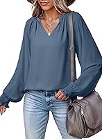 Dokotoo Women's V-Neck Long Sleeve Boho Tunic Blouse - Flowy Casual Tops for Office & Weekend Wear