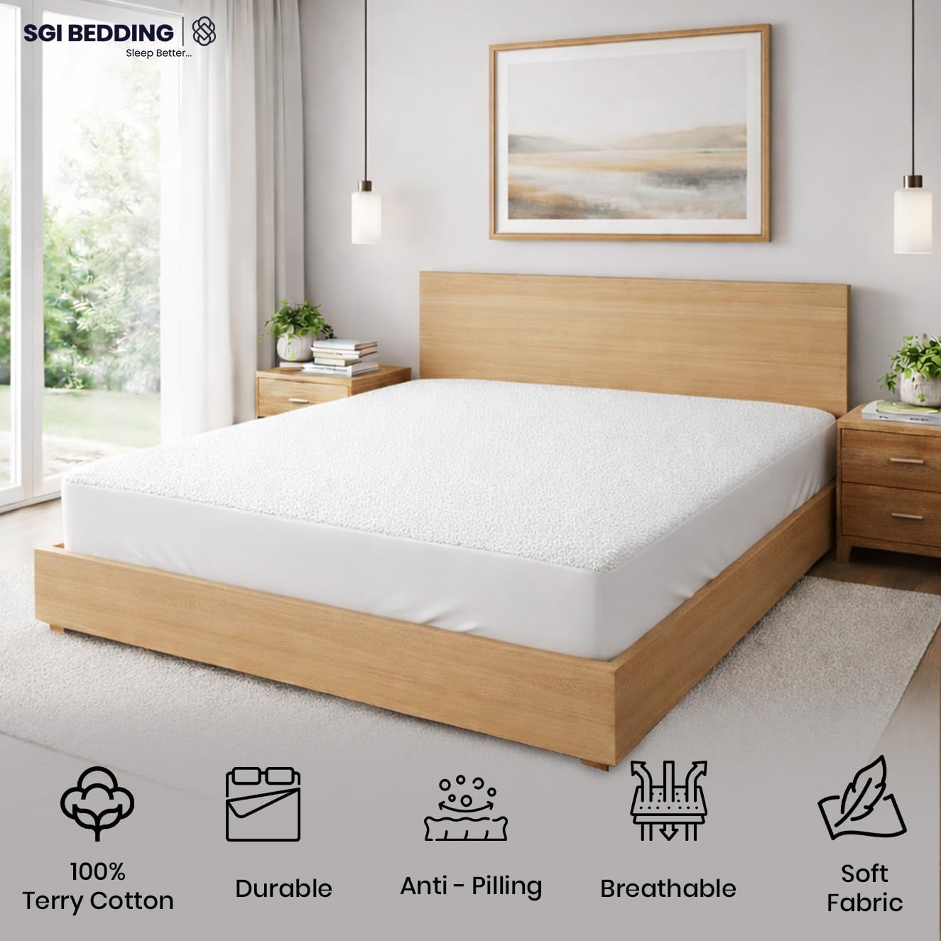 SGI Bedding Waterproof 73X76 Short King Mattress Protector – 15" Deep Pocket, Soft Noiseless & Breathable Fitted Style Bed Cover, Skin- Friendly Protection Against Moisture, Spills & Stains – White