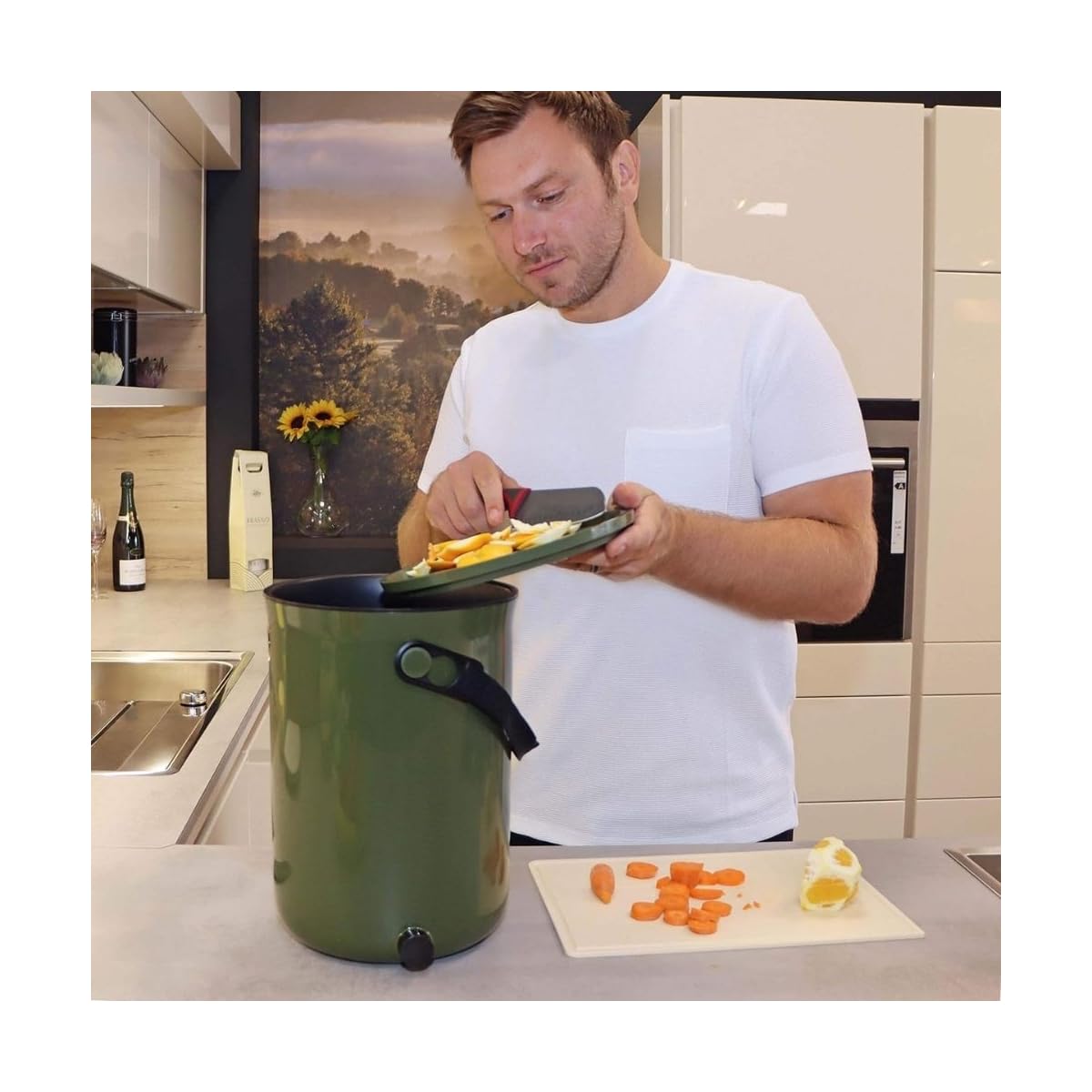 Skaza Bokashi Organko 2 (9.6 L) | Composteur de Cuisine en Plastique Recyclé avec Activateur de Fermentation 1 kg (Vert Olive)