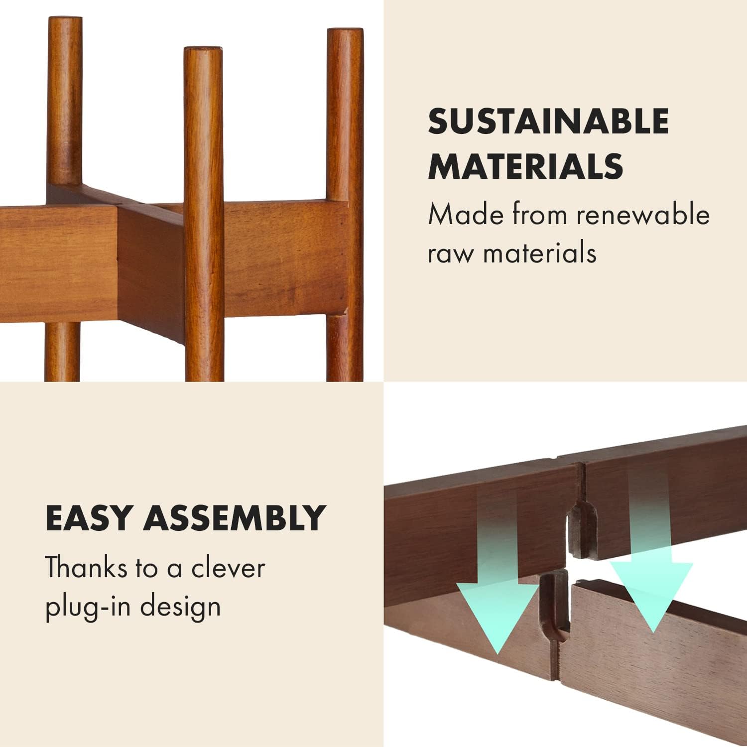 Fox & Fern 8 Inch Polystone Plant Pot with Mid Century Wood Plant Stand