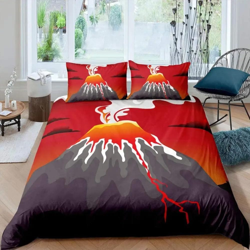 LMMSMGS Double Duvet Set Volcano Double Bed Duvet Cover Set for Kids Aldult with Zipper Closure Hypoallergenic Microfiber Quilt Cover 78.7"x 78.7" + 2 Pillowcases 19.7"x 29.5"