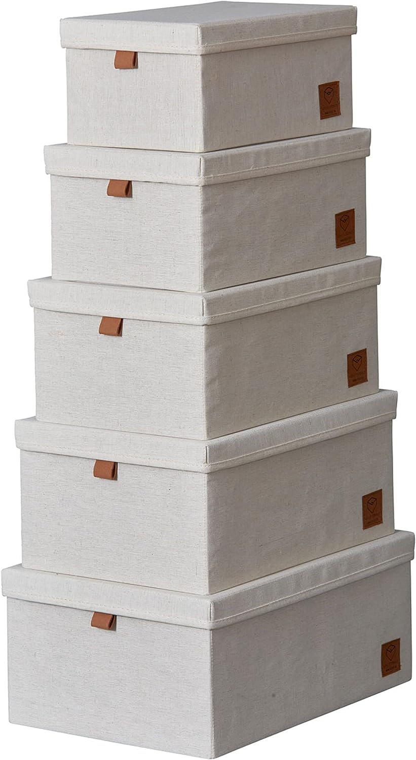 LOVE !T STORE !T 679394 Premium Cajas de Almacenamiento con Tapa de 5 Piezas, Juego de Cajas de Tela de Alta Calidad, Muy Estable, Beige, 5 Tamaños Diferentes