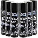 All Purpose Automotive Spray Paint 250ml Can Black Gloss Finish Aerosol Metal Interior Exterior Fast Dry Excellent Coverage Adhesion - 6 Pack