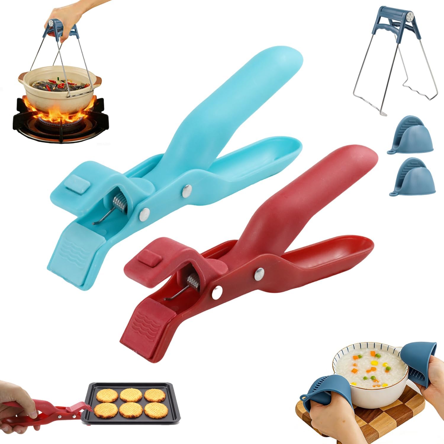 2PCS Hot Plate Grippers Tongs, Anti-Scald Bowl Clip Kit with 1X Food-Grade Silicone Mini Oven Gloves & 1X 304 Stainless Steel Plate Retriever Tongs, Anti Slip, Ideal for Bowls, Pans, Dishes