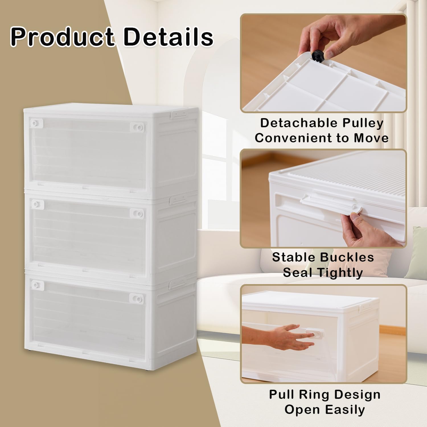 3-Tier 101QT Stackable Storage Bins with Lid, Doors & Wheels, Collapsible Plastic Organizer Bins for Closet Bedroom, White