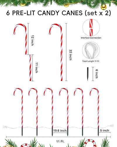 Vista 2 de COOLWUFAN Paquete de 12 marcadores de camino de bastón de caramelo de Navidad, decoraciones navideñas de bastón de caramelo de 22 pulgadas, luces