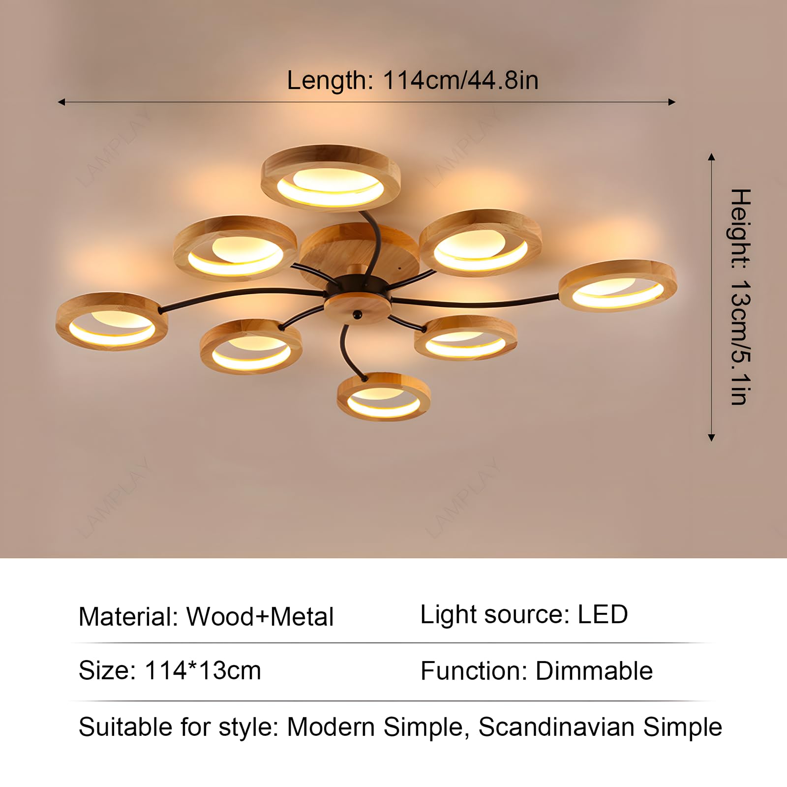 Lampada Da Soffitto Moderna A LED, Lampadario Ø114cm Dimmerabile Con Telecomando 3000K-6000K, Braccio Nero + 8 Anelli In Legno, Paralume In Metallo, Soggiorno Camera Da Letto Sala Da Pranzo