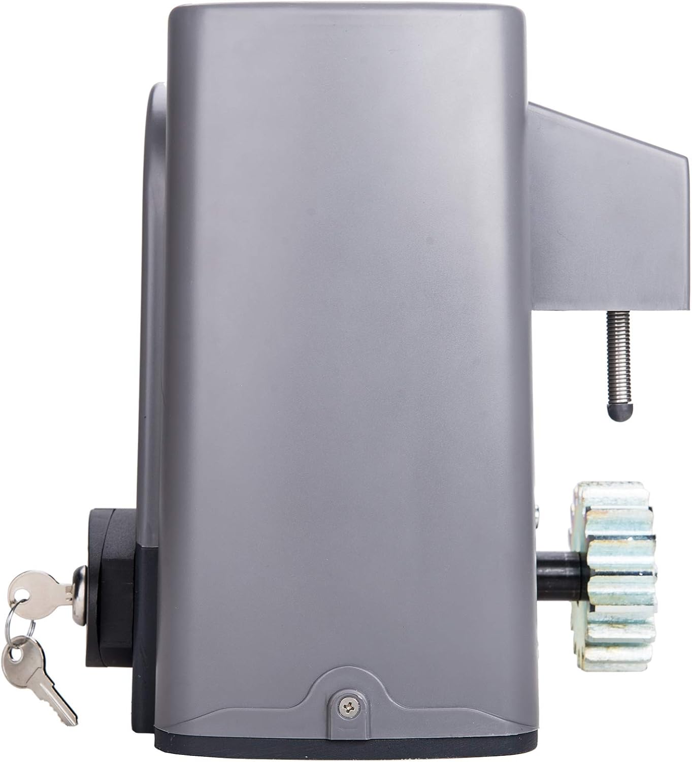 Side view of the CO-Z Sliding Gate Opener motor unit showing the emergency release lock with keys inserted.