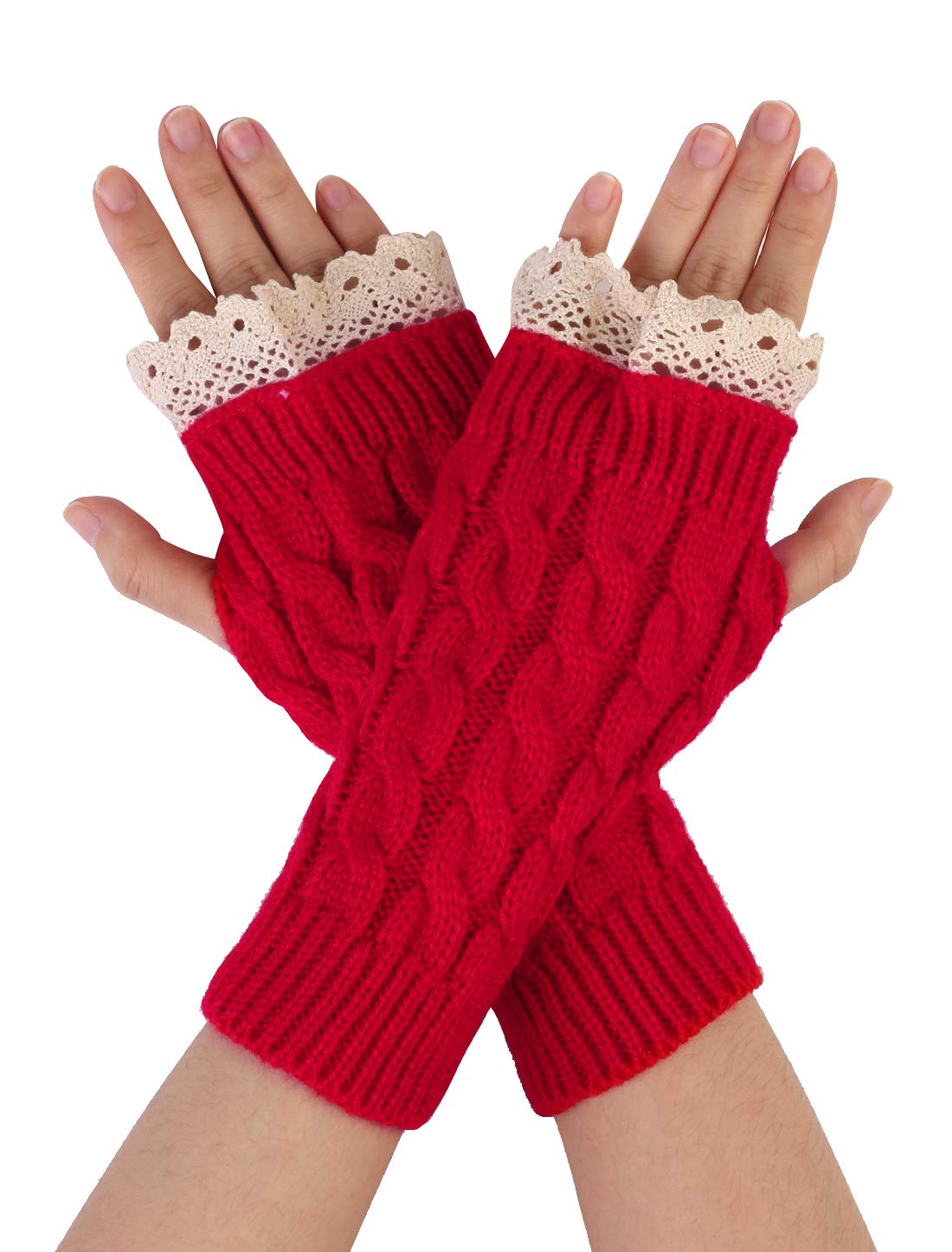 sourcing map Women's Arm Warmers Wrist Length Knit Fingerless Gloves with Lace Red-Lace Glove length 20 cm/7.87"