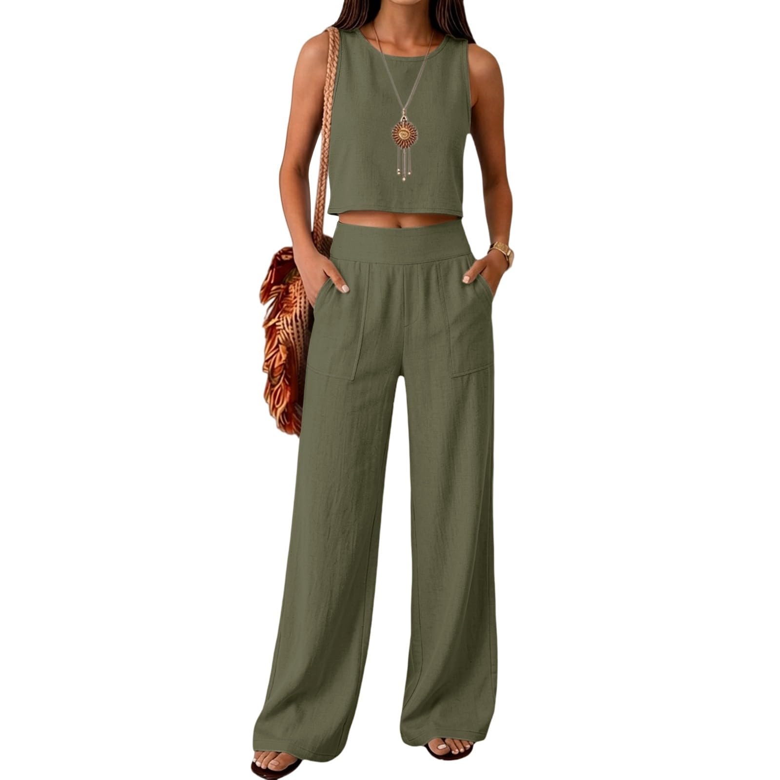 Generico Completo Estivo Donna Lino Tailleur Donna Senza Maniche Girocollo Tuta Completa Lino e Cotone Completi Curvy Set Casual Relax Corte Top e Pantaloni Estivi da Casa Ideale Per le Vacanza