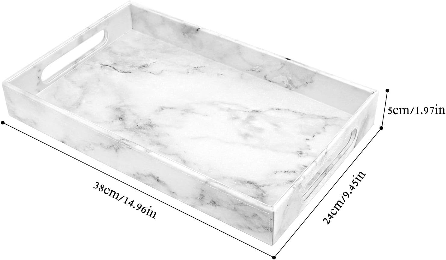 MoKo Vanity Tray, 38x24x5 cm Large Capacity PU Leather Valet Tray Tablet-Top Storage Organizer Catchall Serving Tray with Handles for Living Room Bedroom Entryway Dining-Table Countertop, White Marble: Home & Kitchen