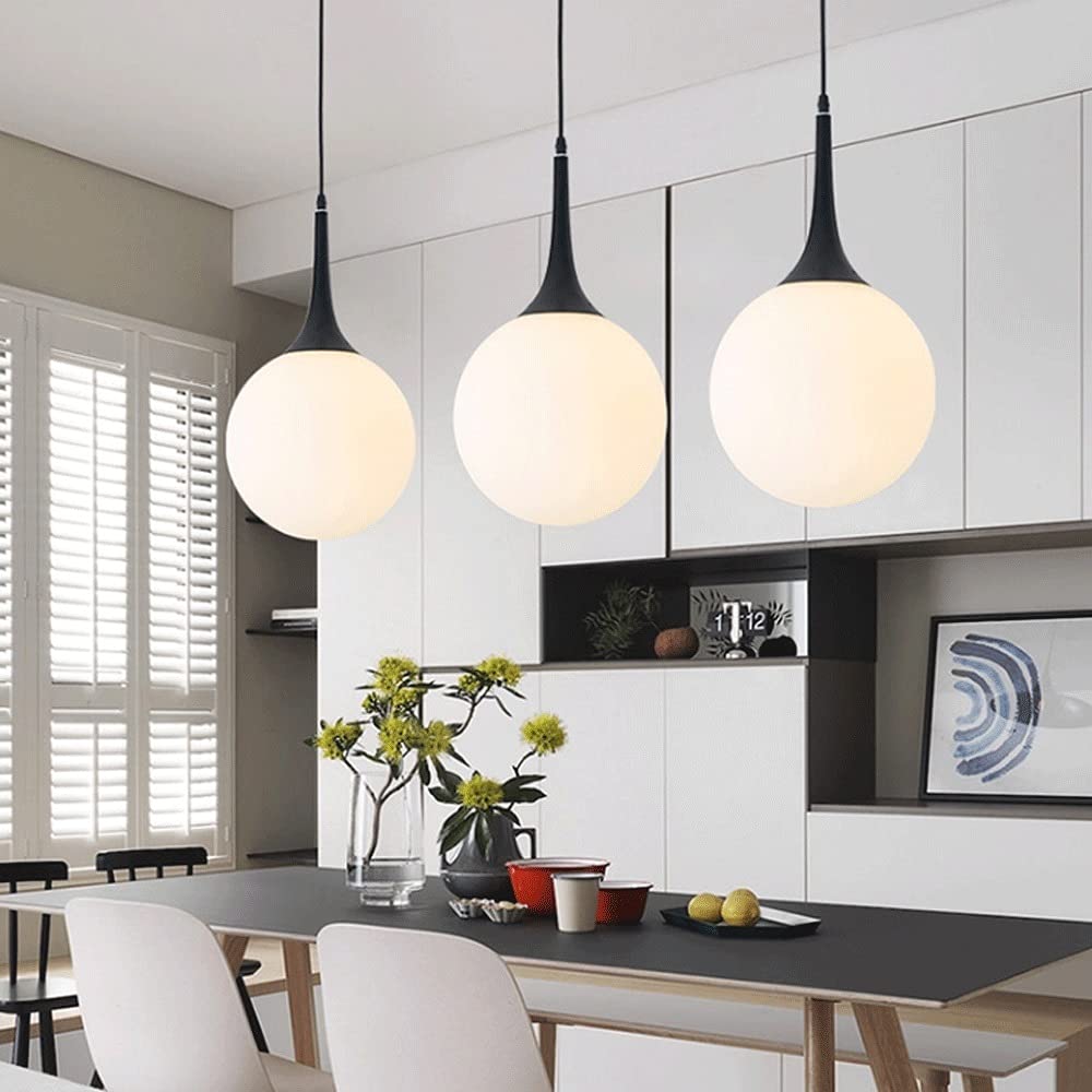 Lampa wisząca z białą kulą, metalowa lampa wisząca ze szklanym kloszem, oprawa oświetleniowa E27, kuliste lampy wiszące przy łóżku, nowoczesne żyrandole do jadalni