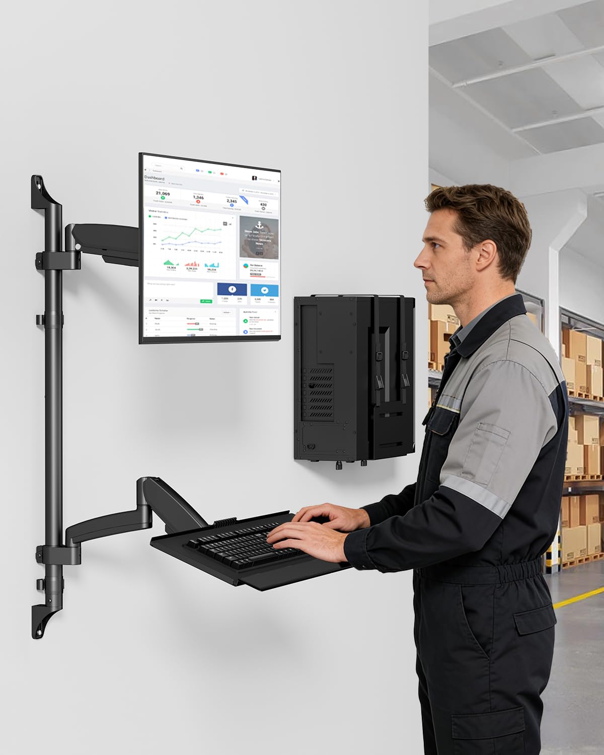 Monitor Wandhalterung mit Tastatur Ablage und PC-Halterung, 3-in-1 Wandhalterung Workstation Höhenverstellbar & Voll Beweglich Arme für 17-32 Zoll Bildschirme, VESA 75x75/100x100, Schwarz
