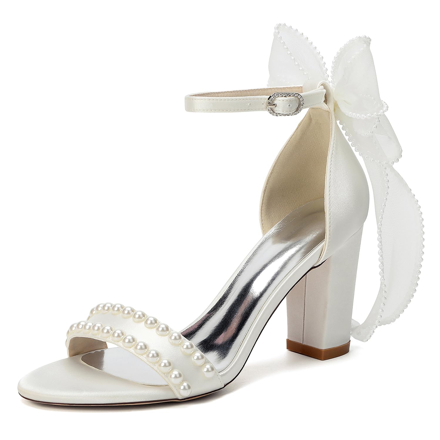 Sandali da Donna in Satin con Tacco Largo Perle e Fiocco in Mesh Eleganti Scarpe da Sposa Cerimonia