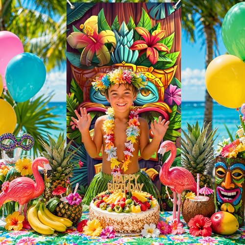 Image of BissYard Tiki Bar Door Cover 71 x 35 Inches Tropical Tiki Mask Door Banner Hawaiian Luau Party Front Door Decoration Indoor Outdoor Porch Island Theme Decor