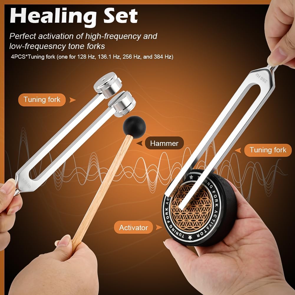 Tuning Forks for Healing Set,‌ Complete Healing Sound Set - 4-Tuning Forks (128Hz, 136.1Hz, 256Hz, 384Hz) + Accessories for Meditation, Yoga & Stress Relief‌