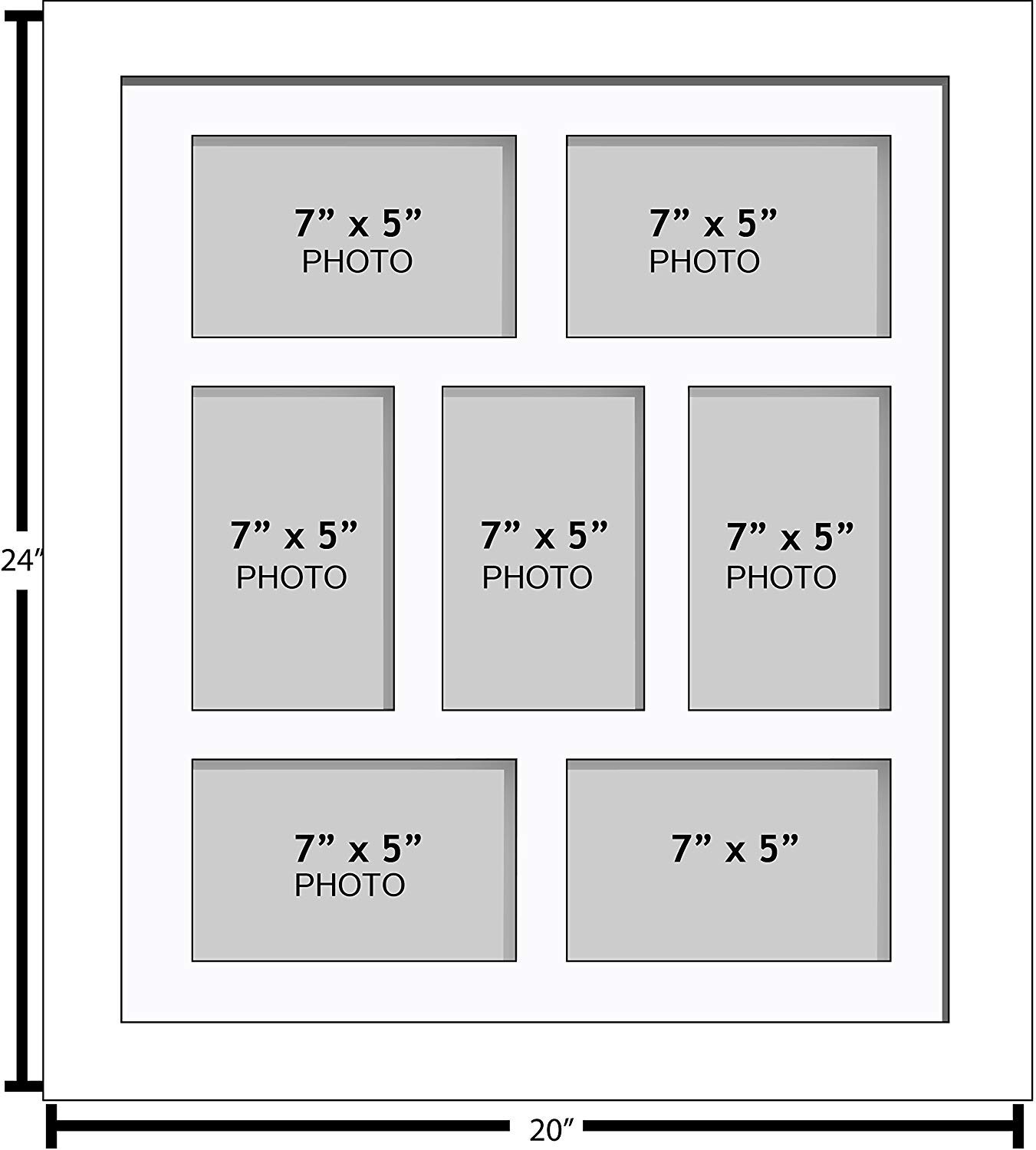 Large Multi Picture Photo Aperture Frame, 7” x 5” size with 7 openings in White Mount, Choices of frames