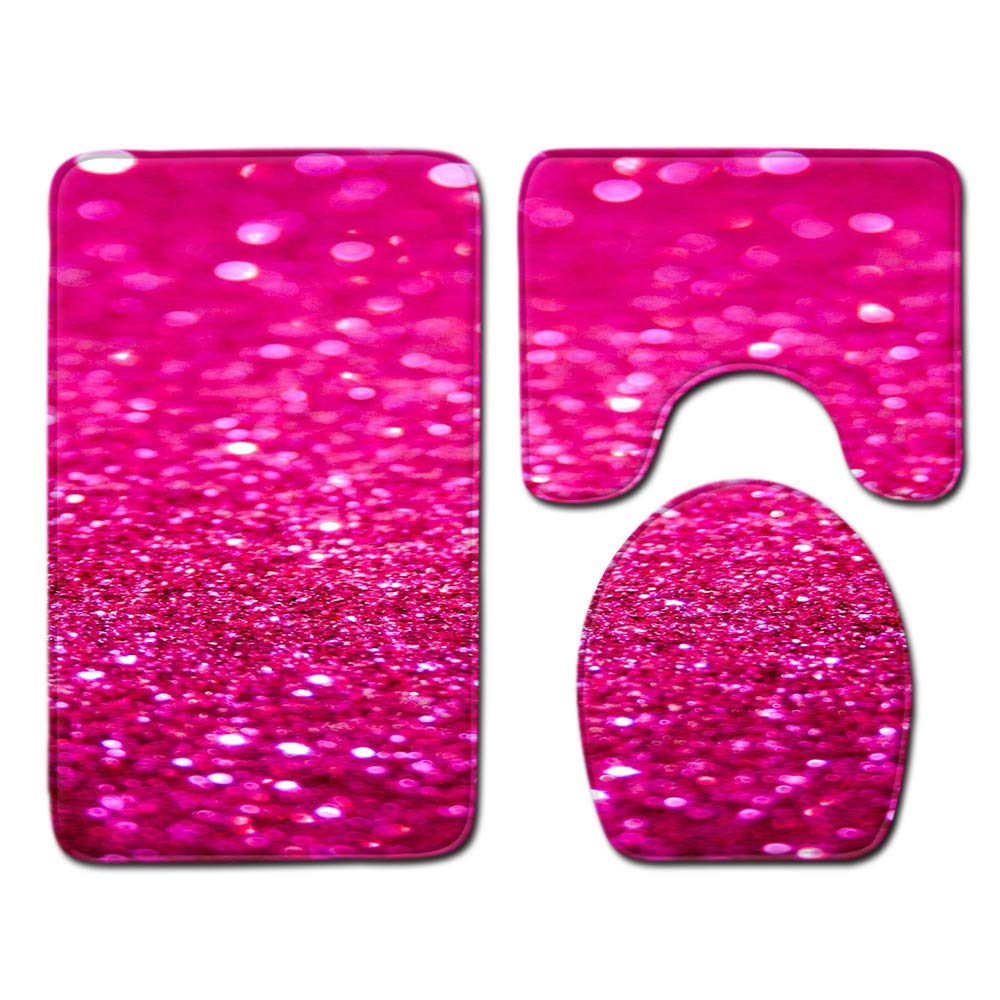 Shinewe Pink Glitter 3 Pieces Bathroom Rug Set Pedestal Mat Non Slip Bath Mat Toilet Lid Cover Toilet Rug Set (Pink Glitter)